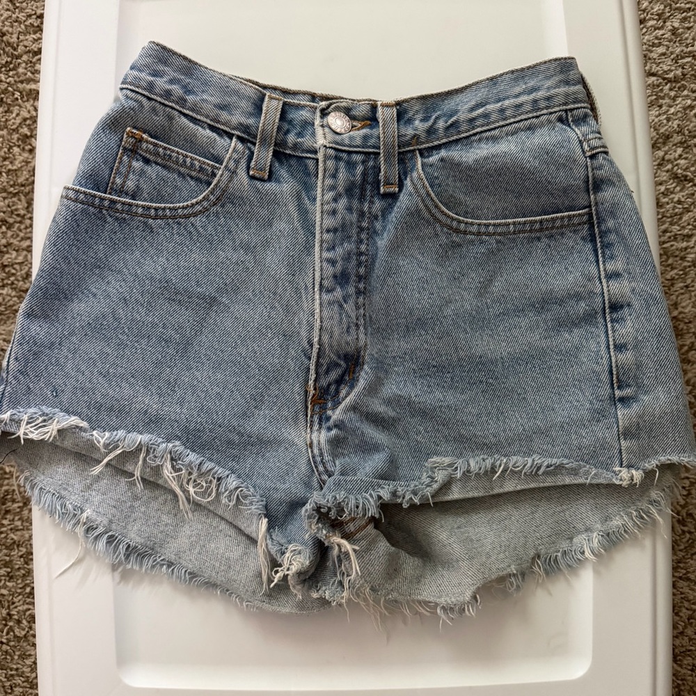 Guess High-Rise Light Blue Denim Frayed Hem Shorts